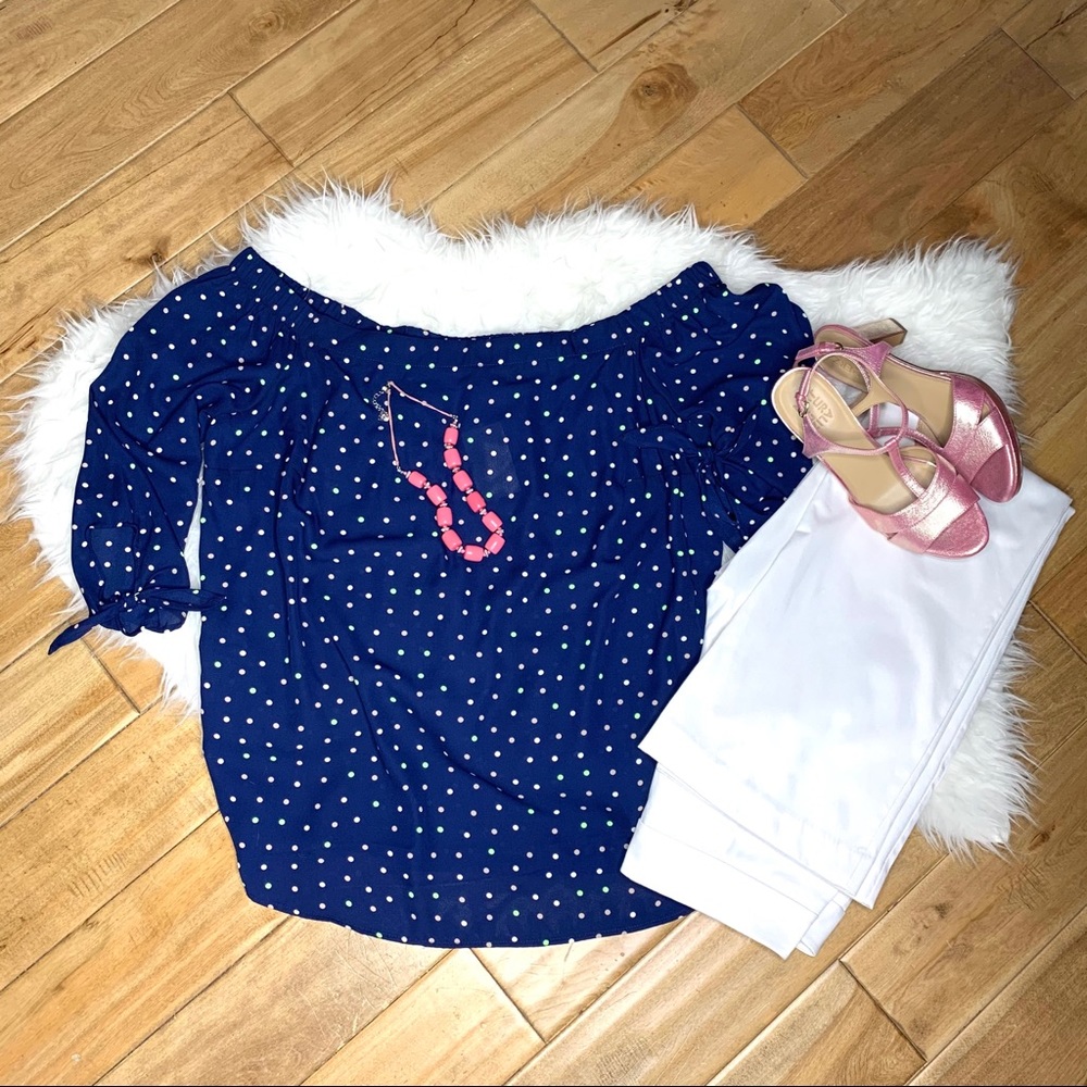Plus Size Fashion Off-Shoulder Blue Tunic Blouse with Polka Dots Loose Fit Chic